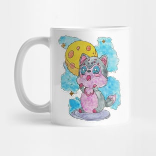 Cute Kawaii Howling Wolf Full Moon Weathered Embroidery Texture 2 Mug